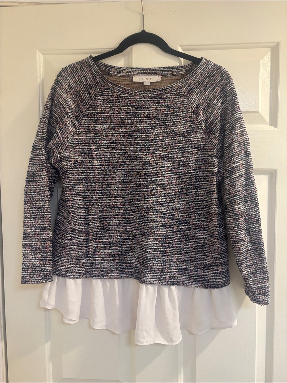 LOFT Black & White Tweed Sweater with White Layered Hem